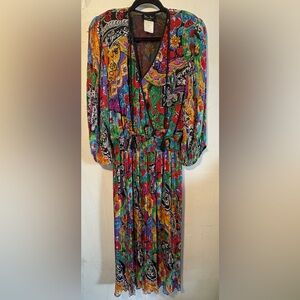 Vintage Diane Freis Georgette Silk Sequins 80's Floral Print Boho Dress w/ Scarf